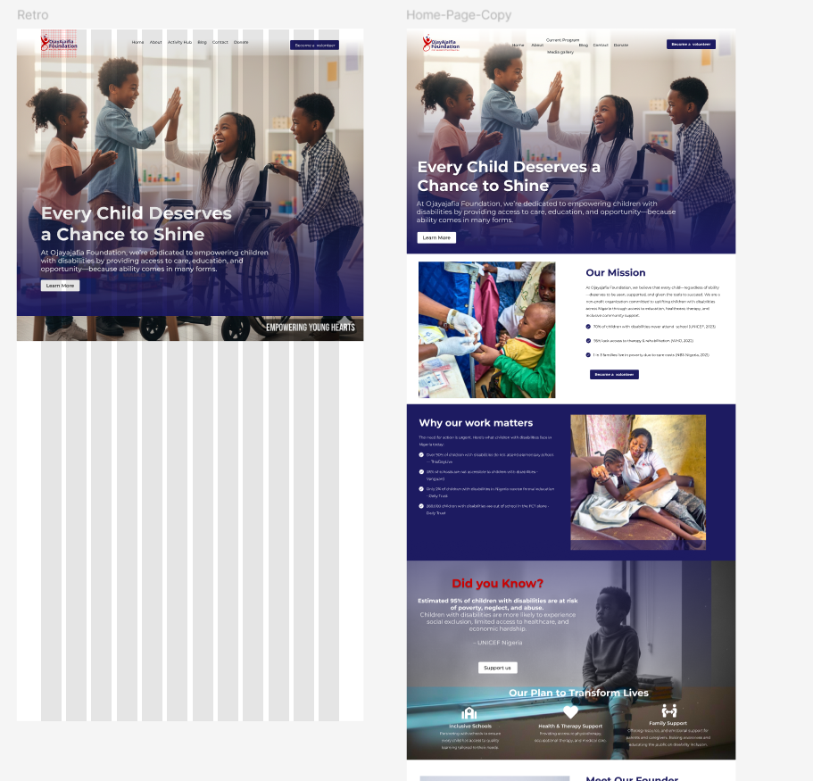 Mobile prototype screens for OjayAjaifia Foundation showing the home page on phone-sized layouts