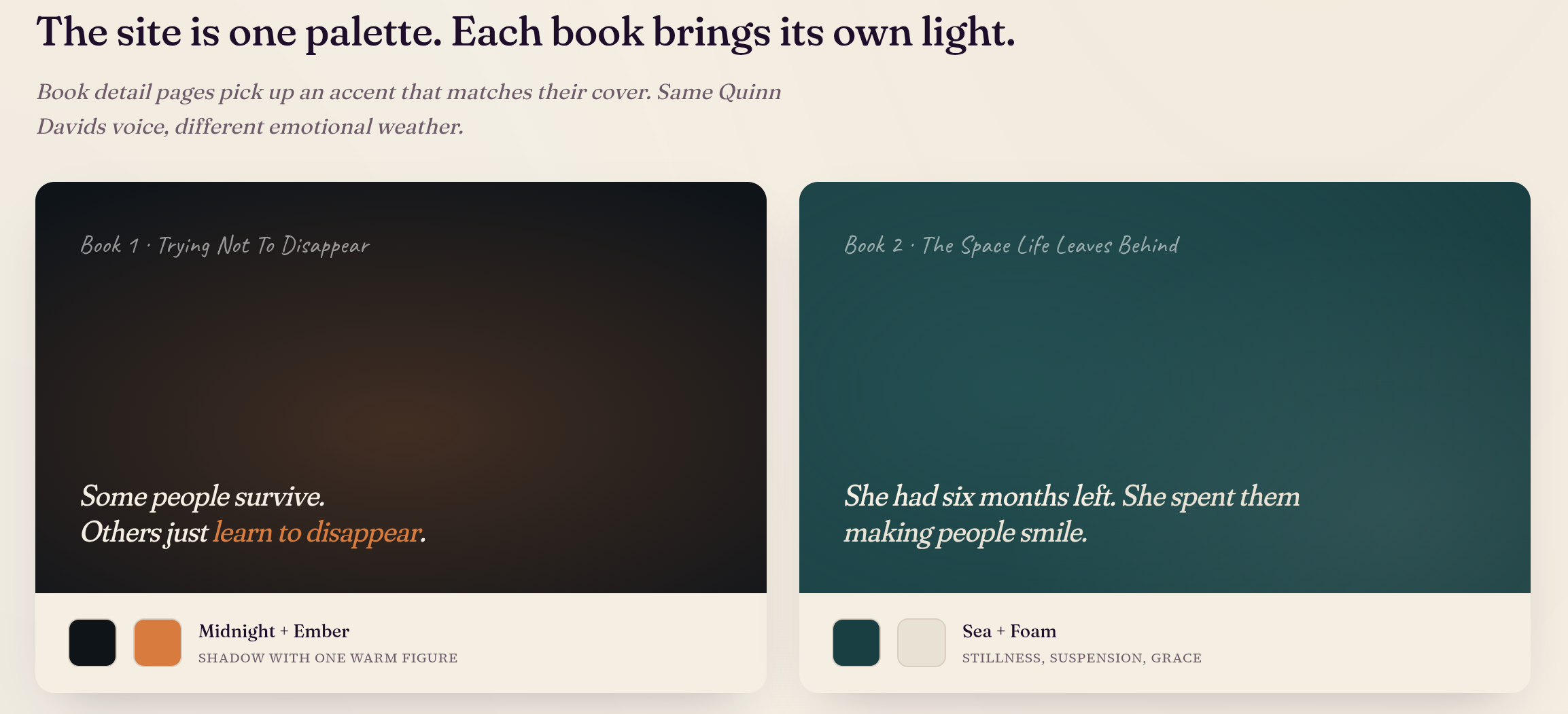 Two-book colour world plan: Trying Not To Disappear in Midnight + Ember, The Space Life Leaves Behind in Sea + Foam