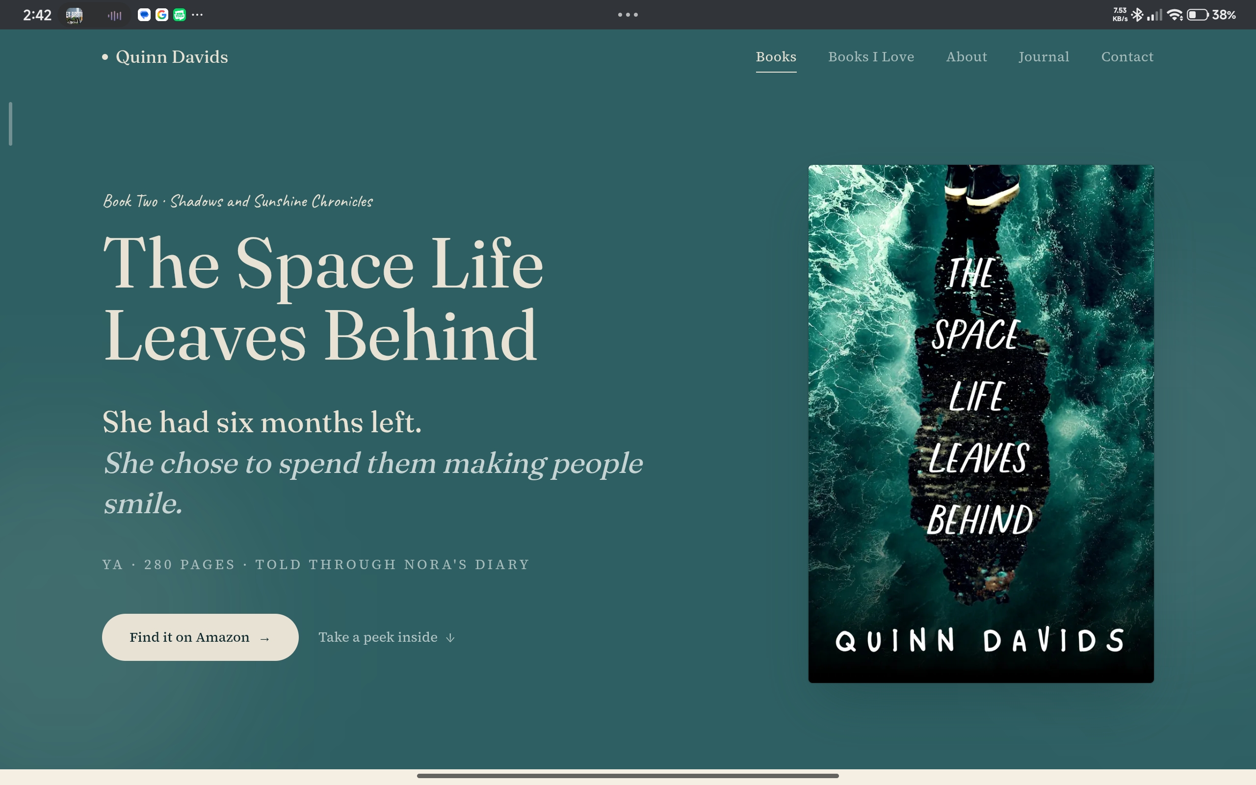 Live Quinn Davids book page for The Space Life Leaves Behind in the Sea + Foam colour world